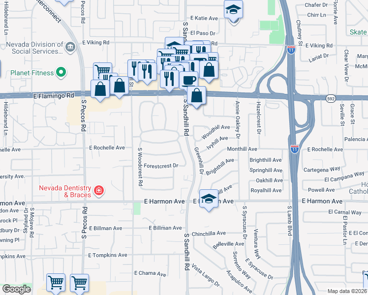 map of restaurants, bars, coffee shops, grocery stores, and more near 4336 Ridgecrest Drive in Las Vegas