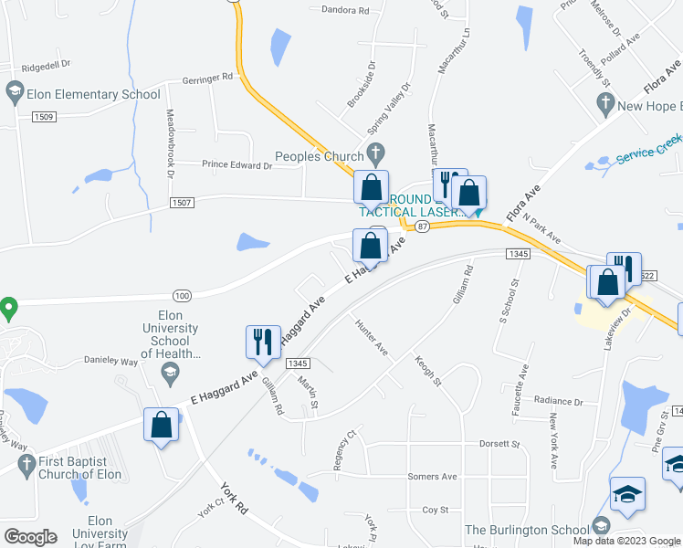 map of restaurants, bars, coffee shops, grocery stores, and more near 1000 East Haggard Avenue in Elon