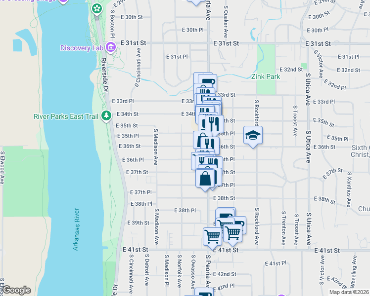 map of restaurants, bars, coffee shops, grocery stores, and more near 1106 East 36th Street in Tulsa