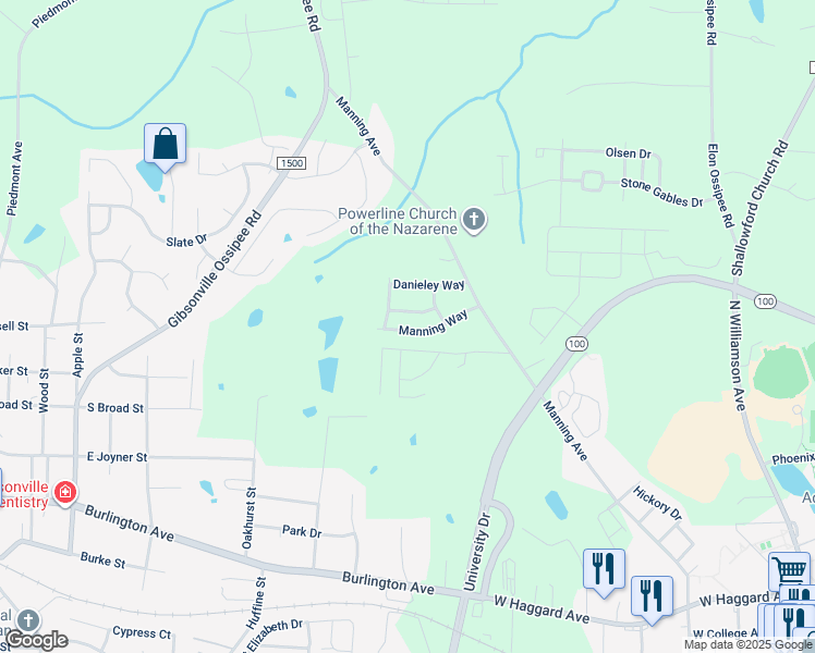 map of restaurants, bars, coffee shops, grocery stores, and more near 210 Manning Way in Elon