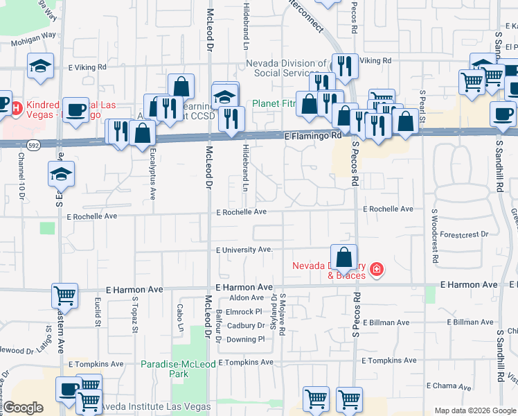 map of restaurants, bars, coffee shops, grocery stores, and more near 3123 East Rochelle Avenue in Las Vegas