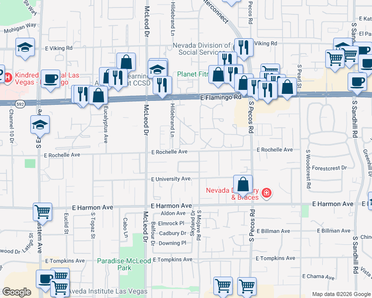 map of restaurants, bars, coffee shops, grocery stores, and more near 3123 East Rochelle Avenue in Las Vegas