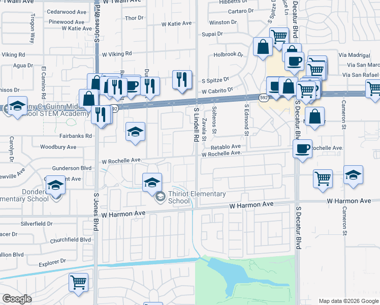 map of restaurants, bars, coffee shops, grocery stores, and more near 5576 West Rochelle Avenue in Las Vegas