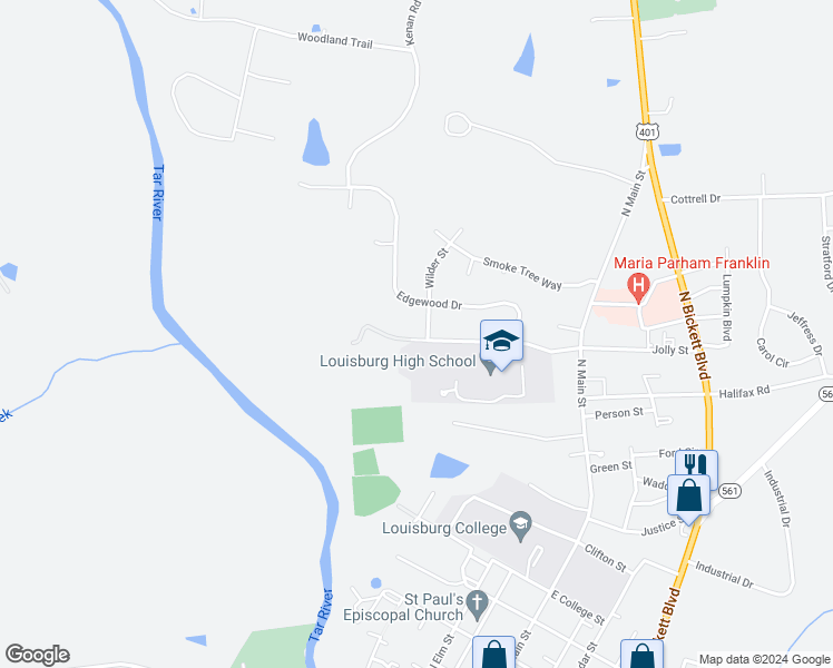 map of restaurants, bars, coffee shops, grocery stores, and more near 376 T K Allen Road in Louisburg