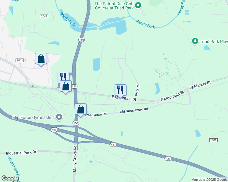 map of restaurants, bars, coffee shops, grocery stores, and more near 1311 Stephenshire Court in Kernersville