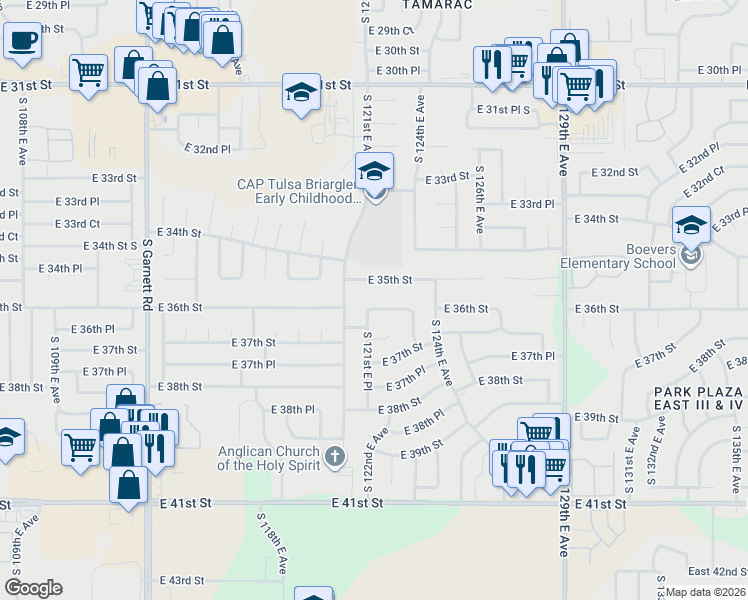 map of restaurants, bars, coffee shops, grocery stores, and more near 12120 East 36th Street in Tulsa