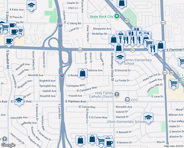 map of restaurants, bars, coffee shops, grocery stores, and more near 4467 East Rochelle Avenue in Las Vegas