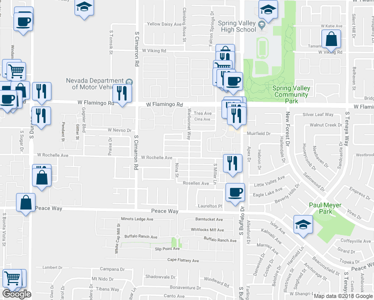 map of restaurants, bars, coffee shops, grocery stores, and more near 8014 Dorinda Avenue in Las Vegas