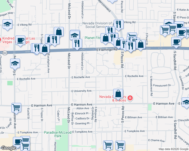 map of restaurants, bars, coffee shops, grocery stores, and more near 3145 East Flamingo Road in Las Vegas