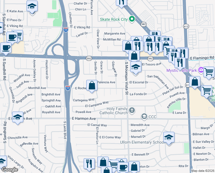 map of restaurants, bars, coffee shops, grocery stores, and more near 4467 East Rochelle Avenue in Las Vegas