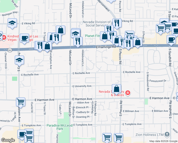map of restaurants, bars, coffee shops, grocery stores, and more near 3123 East Rochelle Avenue in Las Vegas