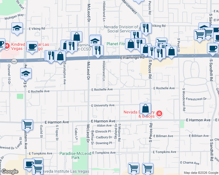 map of restaurants, bars, coffee shops, grocery stores, and more near 3123 East Rochelle Avenue in Las Vegas