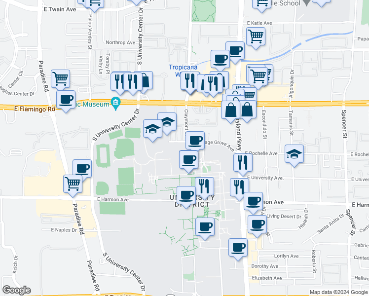 map of restaurants, bars, coffee shops, grocery stores, and more near 935 Cottage Grove Avenue in Las Vegas