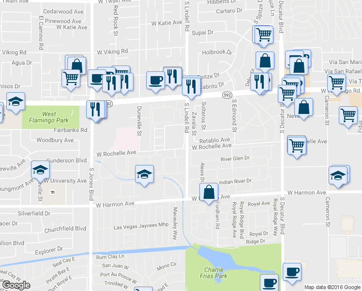 map of restaurants, bars, coffee shops, grocery stores, and more near 5576 West Rochelle Avenue in Las Vegas