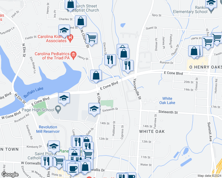 map of restaurants, bars, coffee shops, grocery stores, and more near 926 East Cone Boulevard in Greensboro