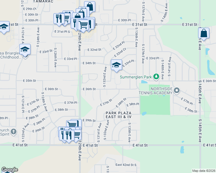 map of restaurants, bars, coffee shops, grocery stores, and more near 13306 East 36th Street in Tulsa