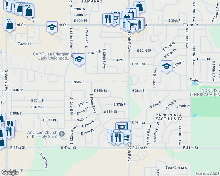 map of restaurants, bars, coffee shops, grocery stores, and more near 12452 East 36th Street in Tulsa