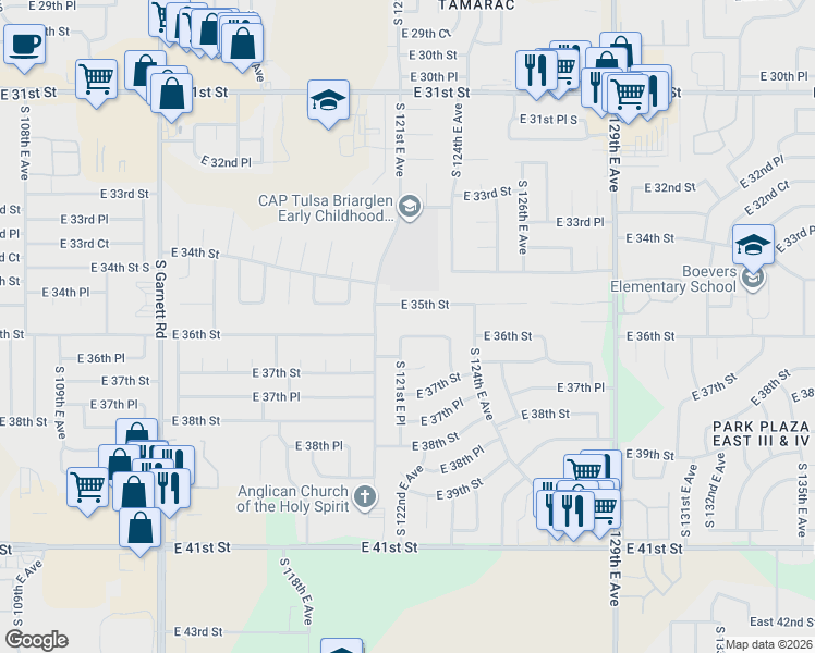 map of restaurants, bars, coffee shops, grocery stores, and more near 12120 East 36th Street in Tulsa