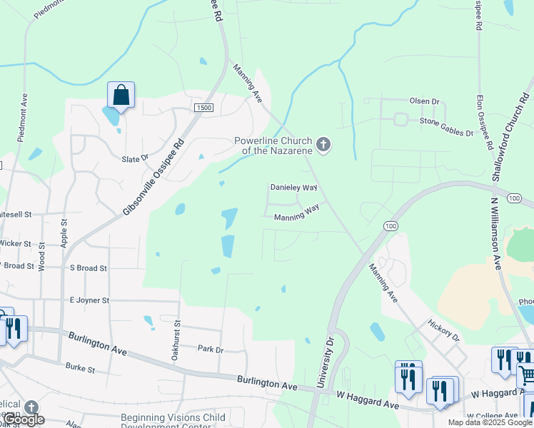 map of restaurants, bars, coffee shops, grocery stores, and more near 216 Manning Way in Elon