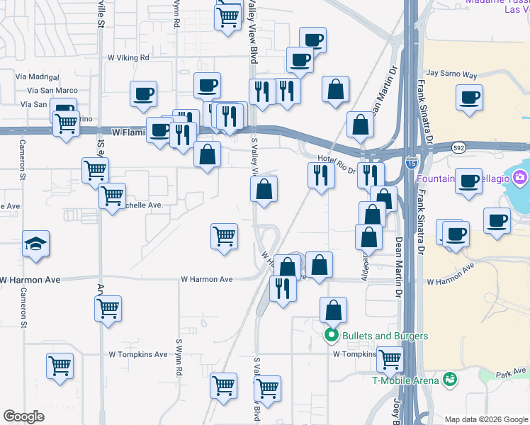 map of restaurants, bars, coffee shops, grocery stores, and more near 4330 South Valley View Boulevard in Las Vegas