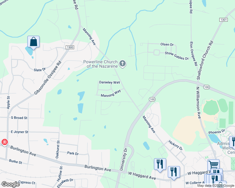 map of restaurants, bars, coffee shops, grocery stores, and more near 109 Manning Way in Elon