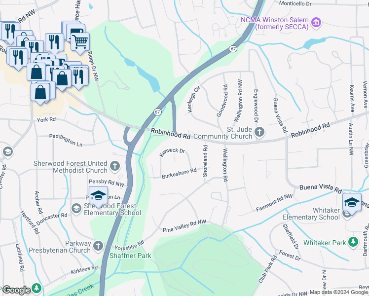 map of restaurants, bars, coffee shops, grocery stores, and more near 825 Kenwick Drive in Winston-Salem