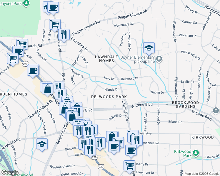 map of restaurants, bars, coffee shops, grocery stores, and more near 2206 Wanda Drive in Greensboro