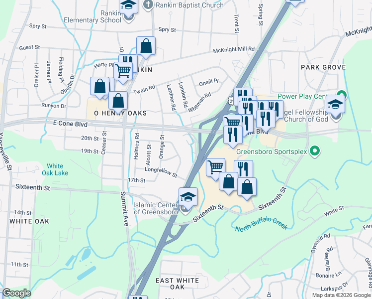 map of restaurants, bars, coffee shops, grocery stores, and more near 2819 North O.Henry Boulevard in Greensboro