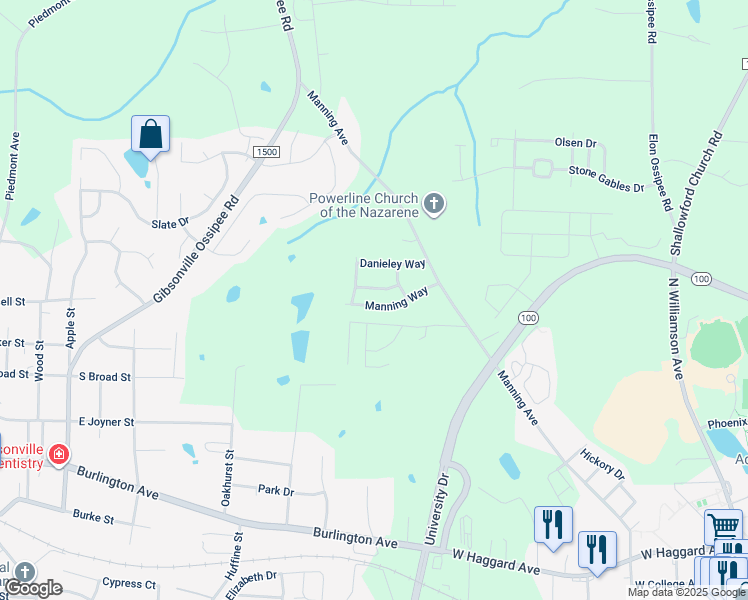 map of restaurants, bars, coffee shops, grocery stores, and more near 210 Manning Way in Elon