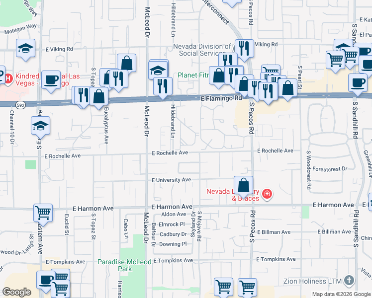 map of restaurants, bars, coffee shops, grocery stores, and more near 3123 East Rochelle Avenue in Las Vegas