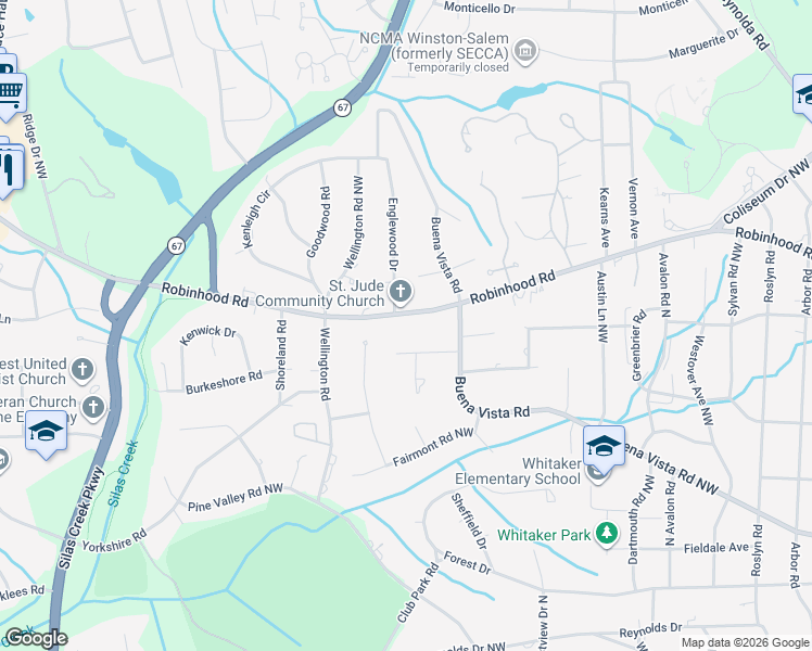 map of restaurants, bars, coffee shops, grocery stores, and more near 2857 Merry Acres Lane in Winston-Salem
