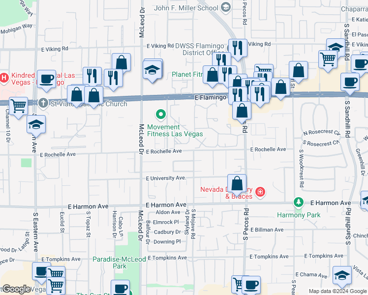 map of restaurants, bars, coffee shops, grocery stores, and more near 3187 East Rochelle Avenue in Las Vegas