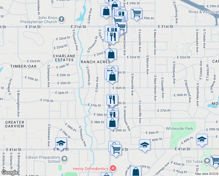 map of restaurants, bars, coffee shops, grocery stores, and more near South Harvard Avenue & East 36th Street in Tulsa