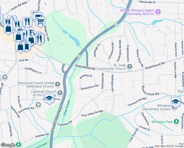 map of restaurants, bars, coffee shops, grocery stores, and more near 825 Kenwick Drive in Winston-Salem