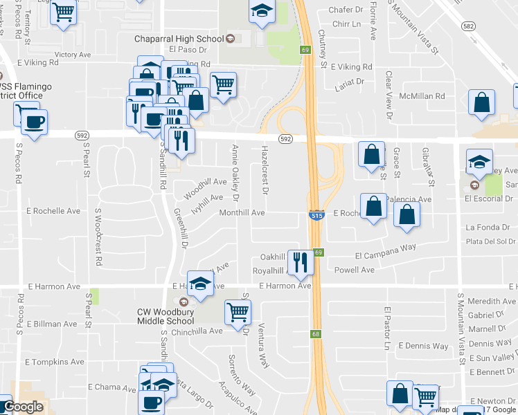map of restaurants, bars, coffee shops, grocery stores, and more near 4062 Monthill Avenue in Las Vegas