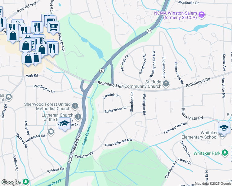 map of restaurants, bars, coffee shops, grocery stores, and more near 829 Kenwick Drive in Winston-Salem