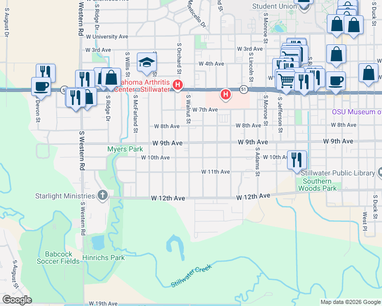 map of restaurants, bars, coffee shops, grocery stores, and more near 1002 South Walnut Street in Stillwater