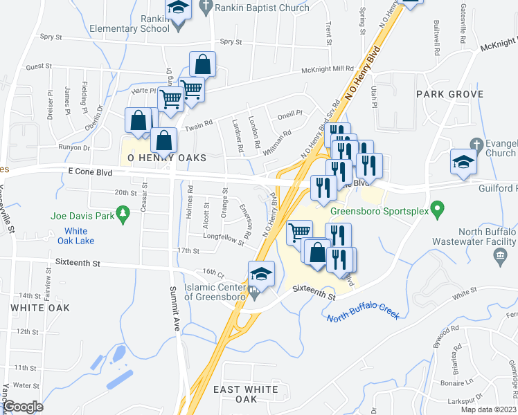 map of restaurants, bars, coffee shops, grocery stores, and more near 2819 North O.Henry Boulevard in Greensboro