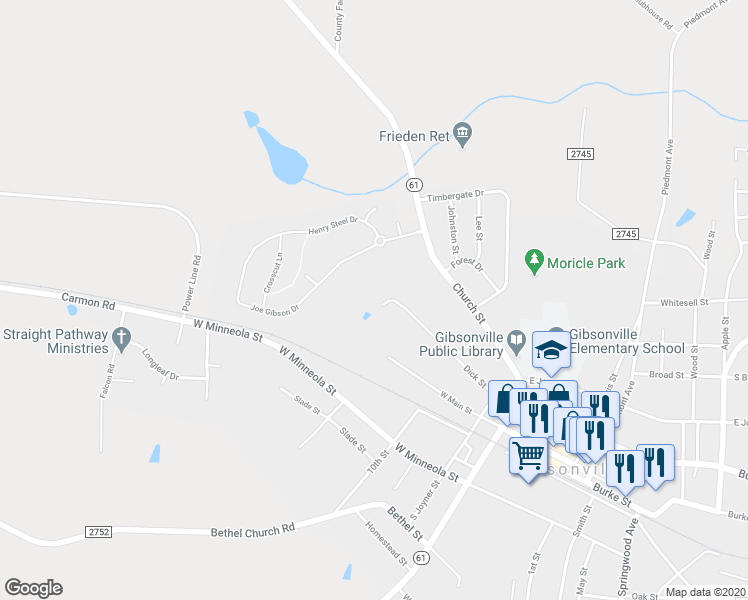map of restaurants, bars, coffee shops, grocery stores, and more near 734 Dick Street in Gibsonville