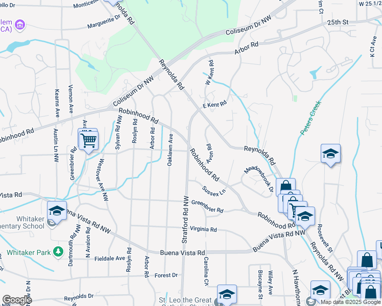 map of restaurants, bars, coffee shops, grocery stores, and more near 2020 Robinhood Road in Winston-Salem