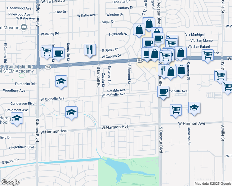 map of restaurants, bars, coffee shops, grocery stores, and more near 5242 River Glen Drive in Las Vegas