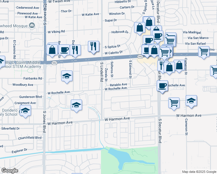 map of restaurants, bars, coffee shops, grocery stores, and more near 5332 River Glen Drive in Las Vegas