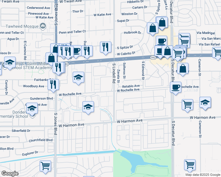 map of restaurants, bars, coffee shops, grocery stores, and more near 5576 West Rochelle Avenue in Las Vegas