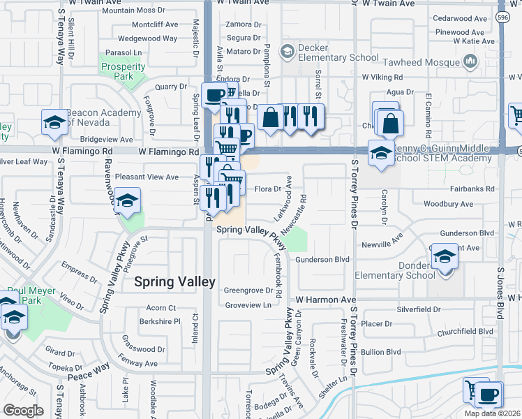 map of restaurants, bars, coffee shops, grocery stores, and more near 4296 Larkwood Avenue in Las Vegas