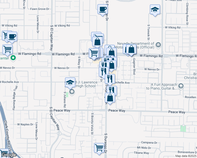 map of restaurants, bars, coffee shops, grocery stores, and more near 4355 South Durango Drive in Las Vegas