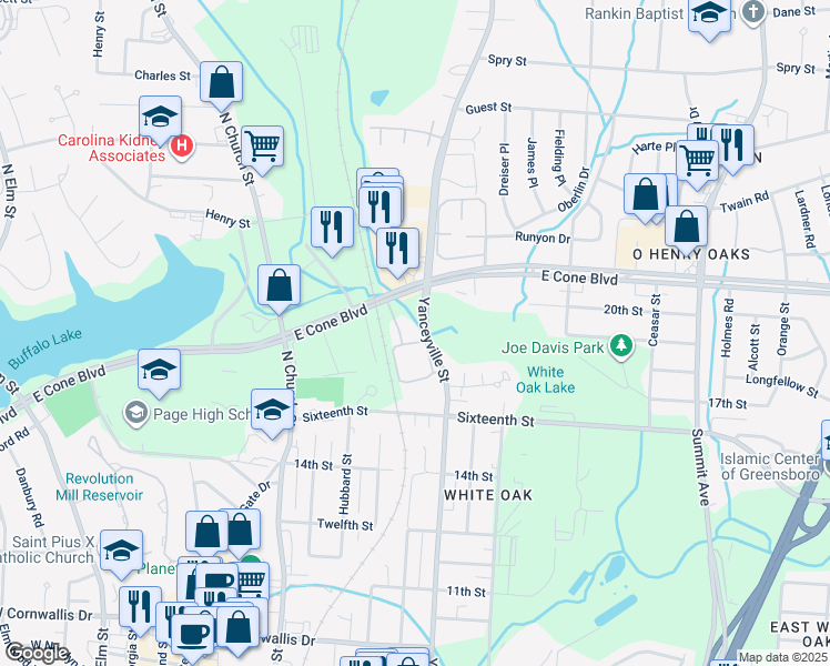 map of restaurants, bars, coffee shops, grocery stores, and more near 2627 Yanceyville Street in Greensboro