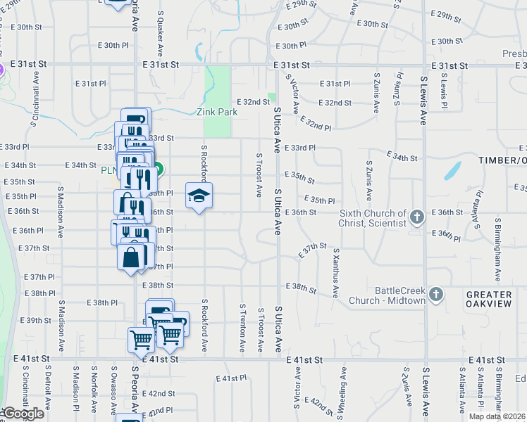 map of restaurants, bars, coffee shops, grocery stores, and more near 1612 East 36th Street in Tulsa