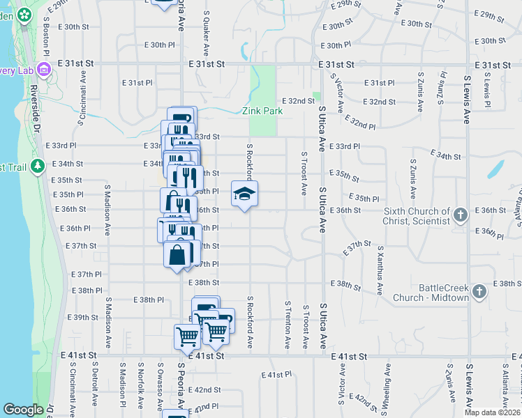 map of restaurants, bars, coffee shops, grocery stores, and more near 1503 East 36th Place in Tulsa