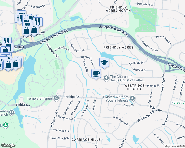 map of restaurants, bars, coffee shops, grocery stores, and more near 3724 Pinetop Road in Greensboro
