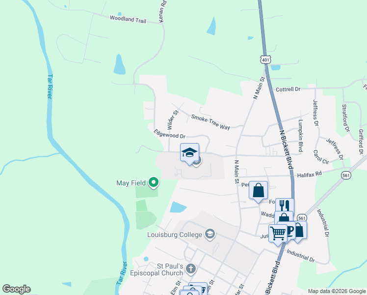 map of restaurants, bars, coffee shops, grocery stores, and more near 212 Allen Lane in Louisburg